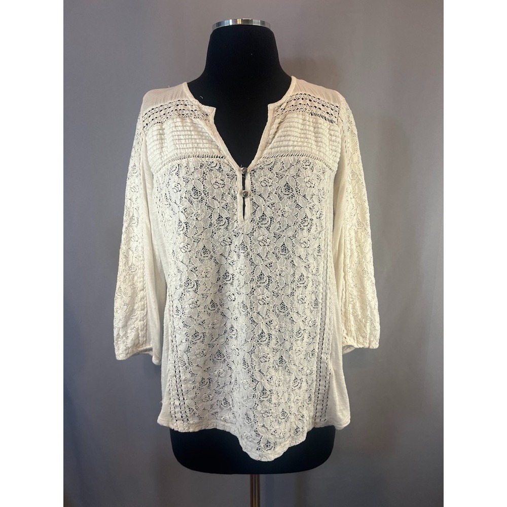 Lucky Brand Womens L Ivory Mixed Lace Peasant Top 3/4 Sleeve Boho Split Neck